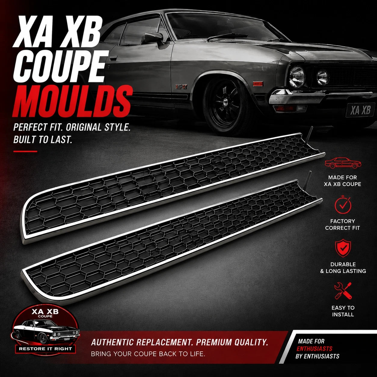 FORD XA XB GS GT Coupe HONEYCOMB REAR MOULDS PAIR - HARDTOP FALCON - NO PINS